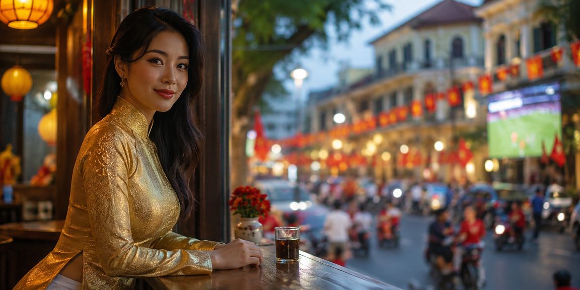 Người dùng xem điều khoản và đặt cược bóng đá tại Hà Nội với áo dài truyền thống